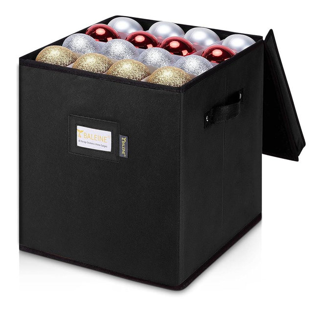 BALEINE Christmas Ornament Storage Box with Dividers, Premium Holiday Ornaments Storage Container Bin for Xmas Decorations (64 Ball, Black, Without Tray)