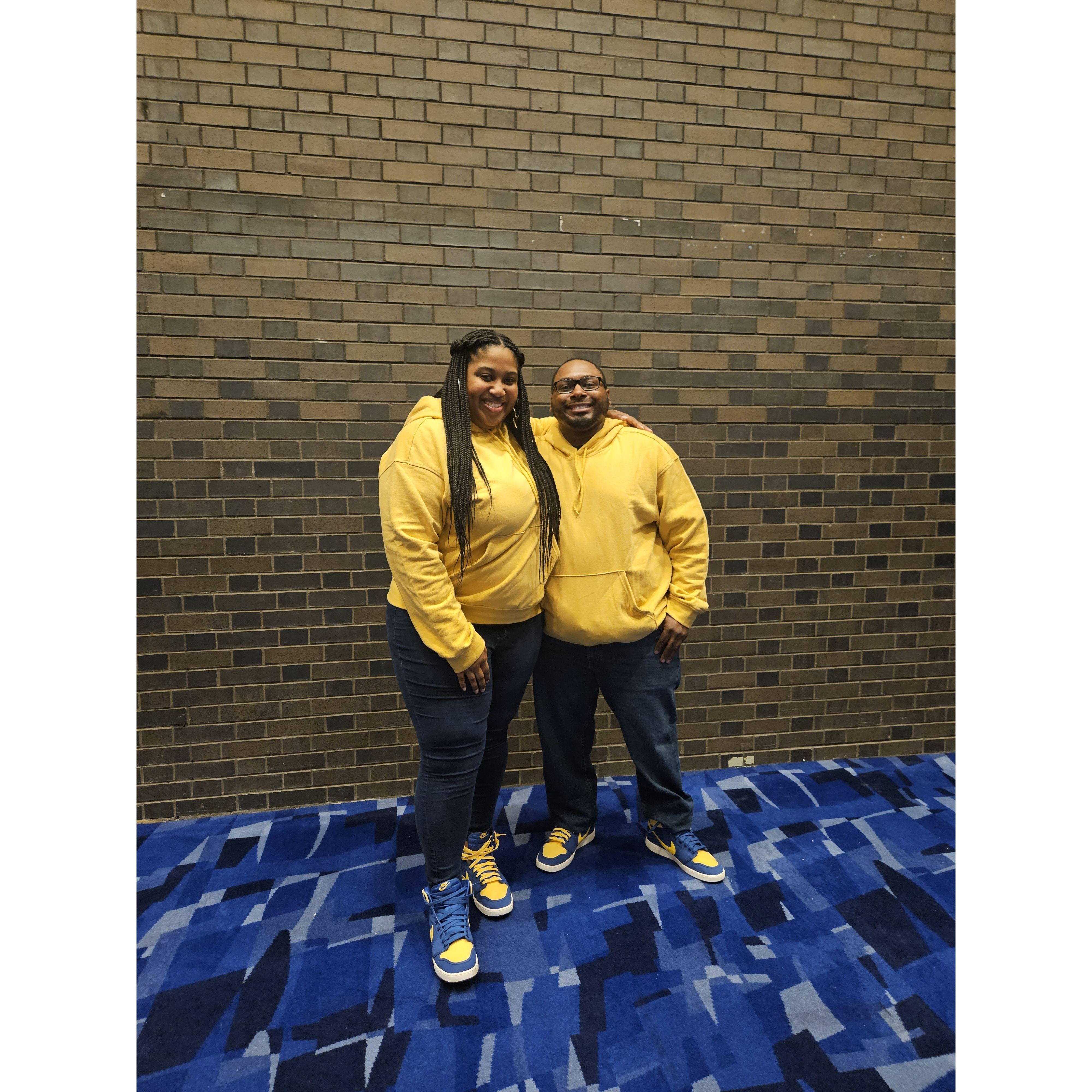 Bria surprised Terrance with matching hoodies and gym shoes for their first couples' trip to Chicago for a comedy show for Terrance's birthday in 2024! The colors aren't because they are U of M fans!
