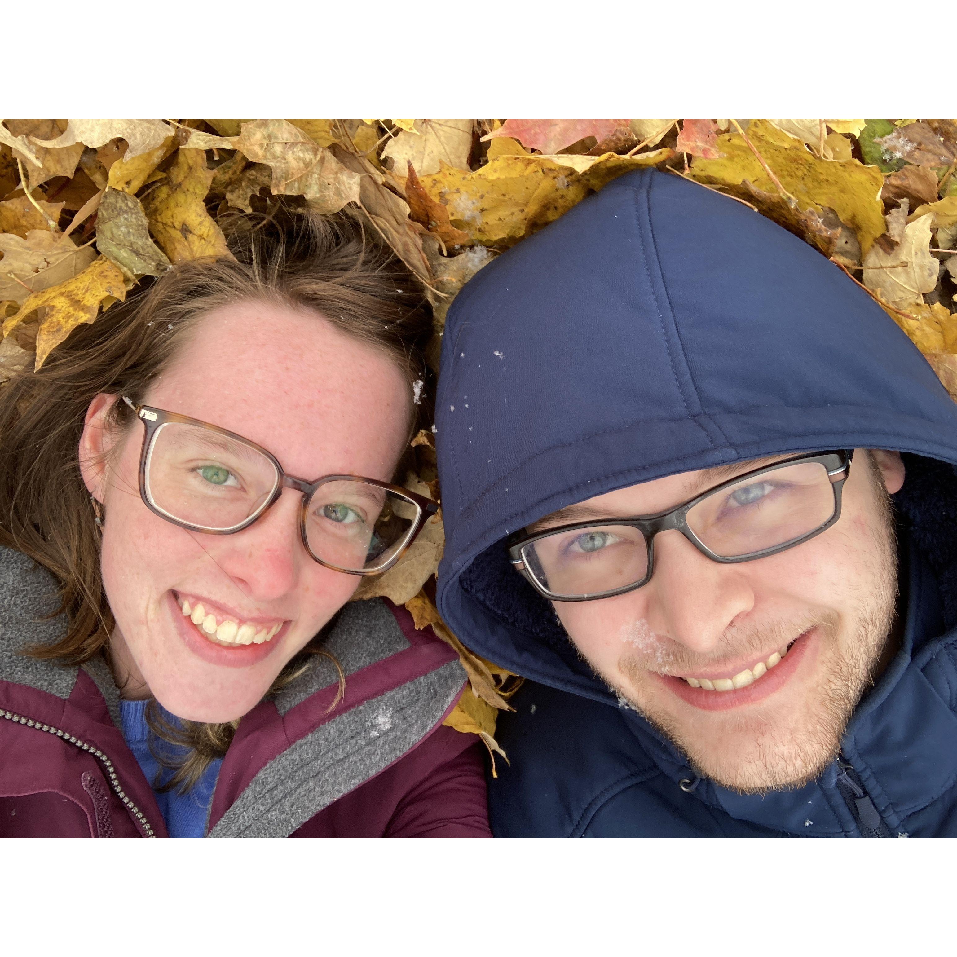 Nov 2021: First smattering of snow in the season and I wanted to run out in it. He humored me and we had a great time rolling around in wet leaves.