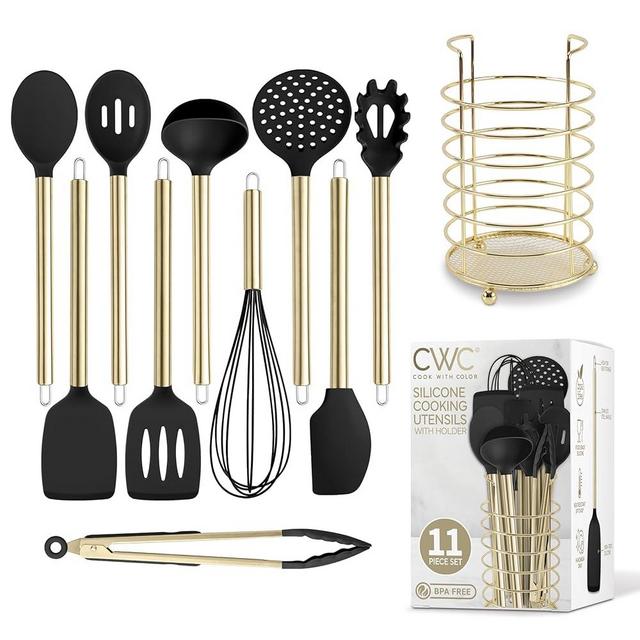 COOK WITH COLOR Silicone Cooking Utensils, Kitchen Utensil Set, Easy to Clean Silicone Kitchen Utensils, Cooking Utensils for Nonstick Cookware, Kitchen Gadgets Set with Holder, 10 Pieces