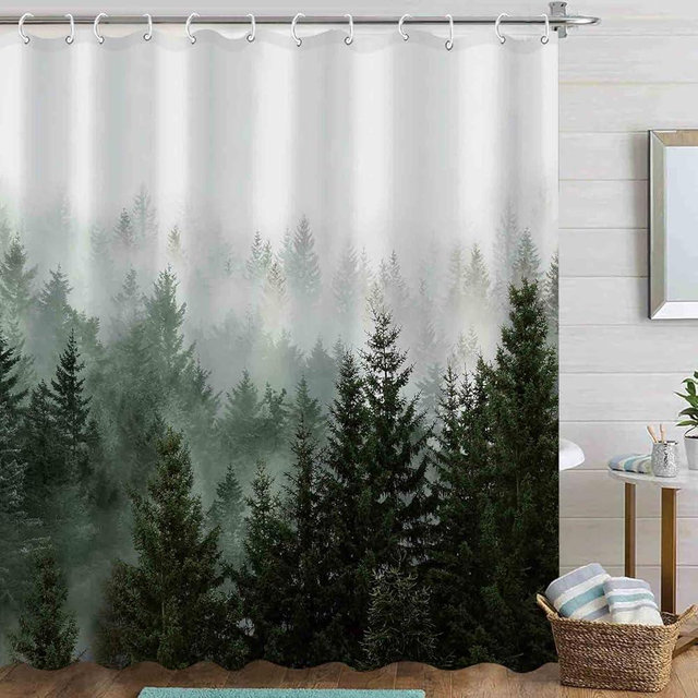 Aipon Green Misty Forest Shower Curtain Nature Tree Shower Curtain Set Dark Green Fabric Waterproof Shower Curtains for Bathroom Decor with 12 Hooks (72'' × 72'', Green4)