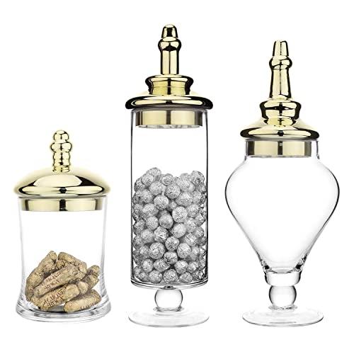 MyGift Antique-Theme Glass Apothecary Jars with Metallic Brass-Tone Lids, Set of 3