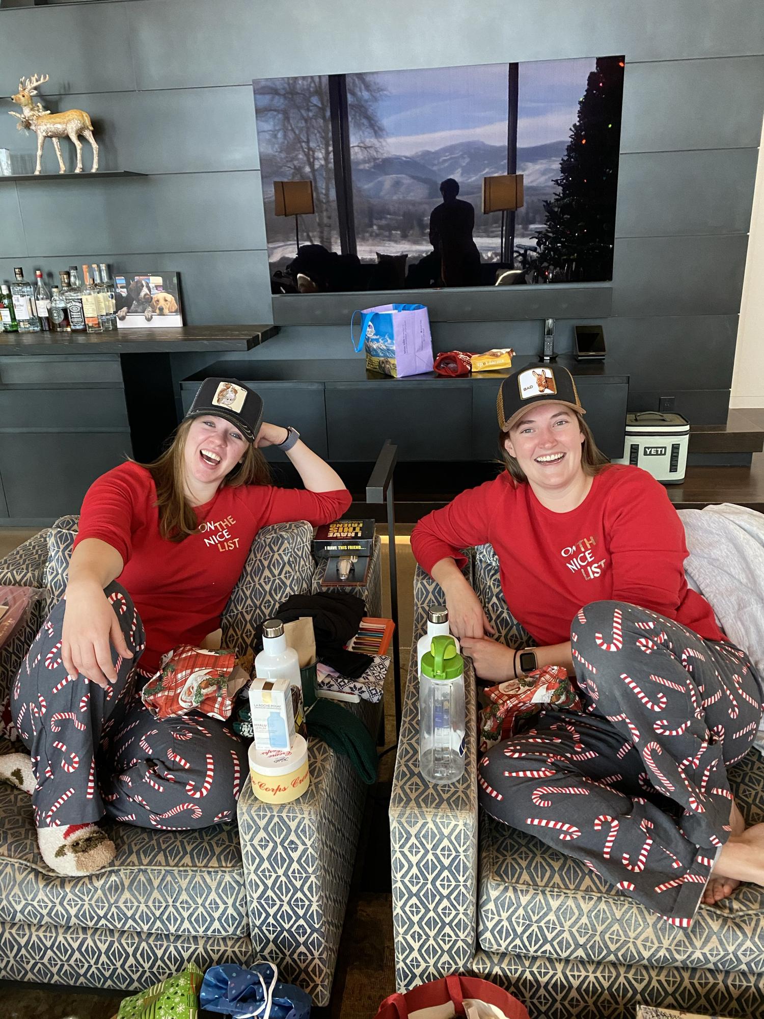 First Christmas together! Matching PJs from Emma's Mom, Jackie, and matching hats from Annie's Mom, Valerie.