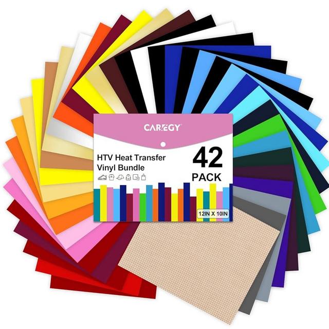 CAREGY HTV Heat Transfer Vinyl Bundle: 42 Pack 12" x 10" Sheets Iron on Vinyl, 30 Assorted Colors, Heat Transfer Vinyl for DIY T-Shirt