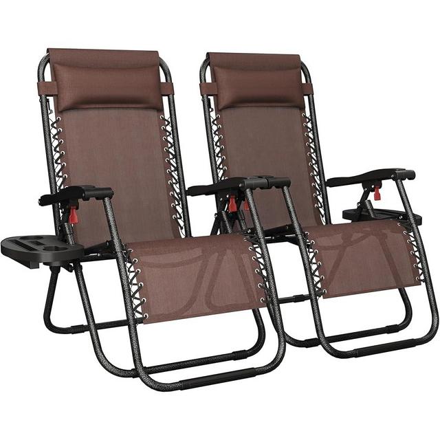 Yaheetech 26" Zero Gravity Recliners Outdoor Adjustable Folding Reclining Lounge Chairs w/Pillows, Cup Holder Trays and Carry Strap for Patio Backyard Beach Brown Set of 2
