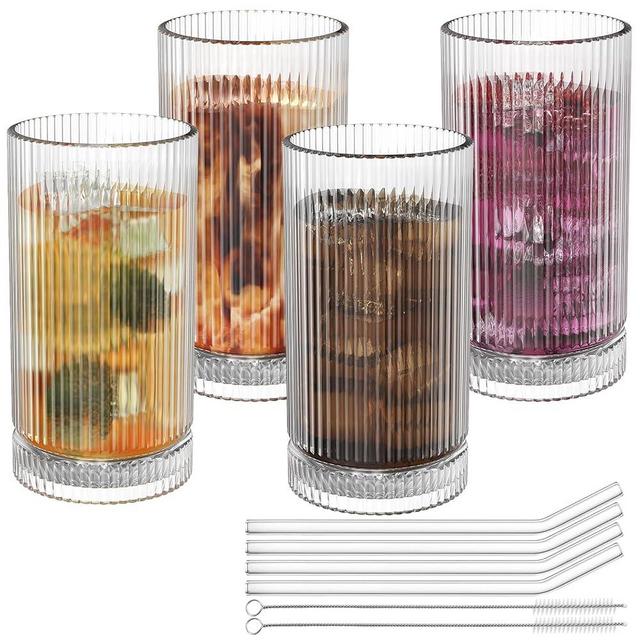 15 Oz Glass Cups with Straws, Vintage Ribbed Glassware for Whiskey Cocktail Beer, Iced Coffee Cups and Drinking Glassare (4 PACK)