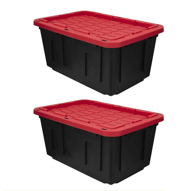 27 Gal Industrial Tote,2 Pack Plastic Storage Bins with Lids Tough Large Storage Bin,Black with Red Lid Plastic Storage,Stackable & Nestable for Garage, Basement, or Outdoor (2 Pack)
