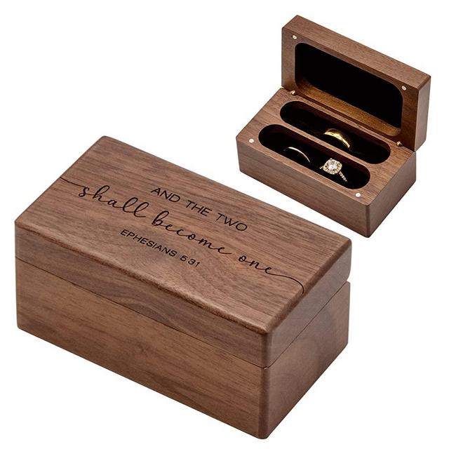 MUUJEE Ephesians 5:31 Quad Ring Box - Engraved Wooden Ring Case Box for Wedding Ceremony Ring Bearer Box - Anniversary Birthday Gift Ideas