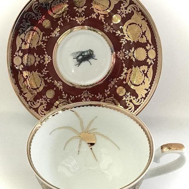 Gorgeous Rust Red and 22k Gold Spider and Fly Teacup and Saucer Set. Foodsafe, Spider Teacup, Insect Teacup, Fly Teacup