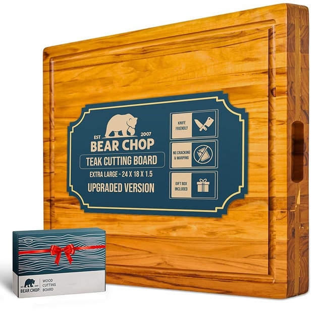 Bearchop Teak Cutting Boards for Kitchen, [24" x 18" x 1.5"] Extra Large Edge Grain Cutting Boards, Solid Teak Wood Butcher Block Cutting Board with Juice Grooves, Handle,Knife Friendly and Reversible