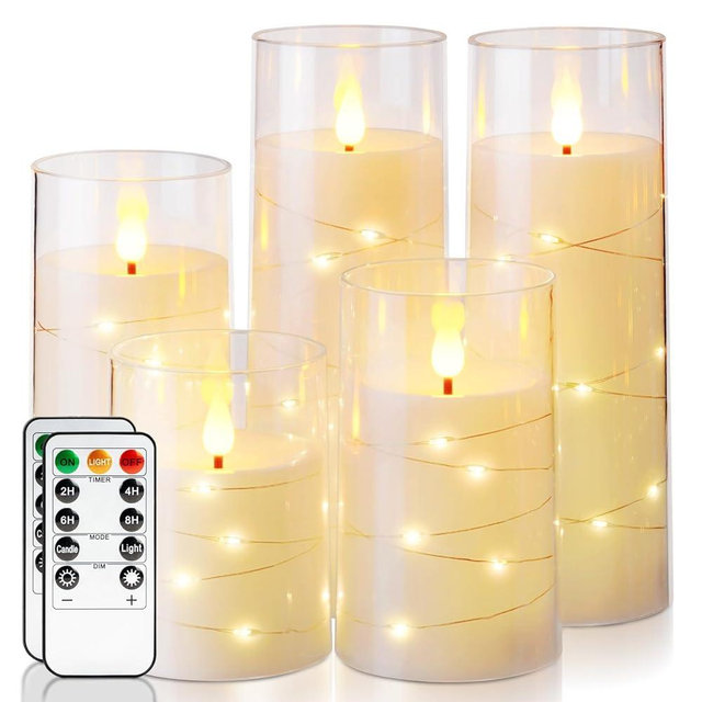 Homemory Flameless Candles with Embedded Star String Fairy Lights, Battery Operated Candles, LED Candles, Fake Candles with Remote Control and Timer, Ivory, Set of 5(H4 5" 6" 8" 8")