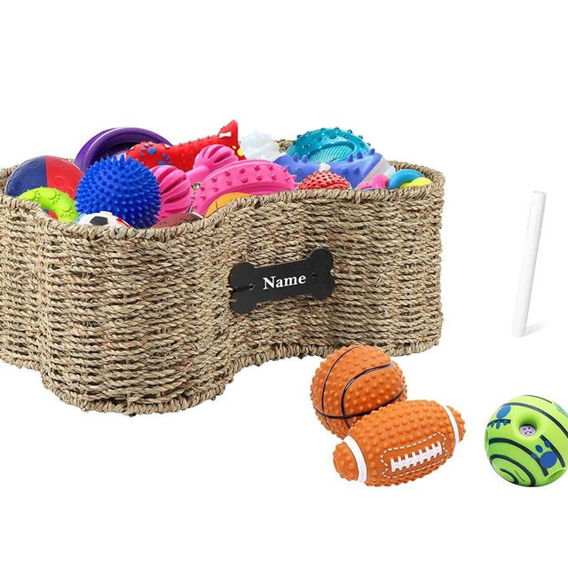 Brabtod Personalized Dog Toy Bin - Bone Shape Dog Toys Storage & Organizer Boxes for Living Room - Handmade Seagrass Basket