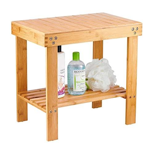 VaeFae Bamboo Spa Bench Wood Seat Stool Foot Rest Shaving Stool with Non-Slip Feets Storage Shelf for Shampoo Towel,Works in Bathroom/Living Room/Bedroom/Garden Leisure
