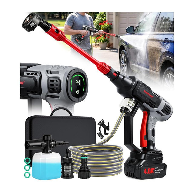 KimPump Cordless Car Washer with 6-in-1 Nozzle, Portable Vehicle Cleaning Tool with Copper Brushless Motor | LCD Touch Panel 4 Adjustable Levels | Weighted Filter | Spray Tool for Car, Garden, Home