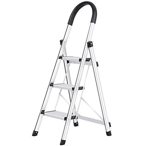 Lionladder 3 Step Stool Aluminum Ladder Portable Folding Anti-Slip with Rubber Hand Grip 330lbs Capacity,Silver Household Stepladders