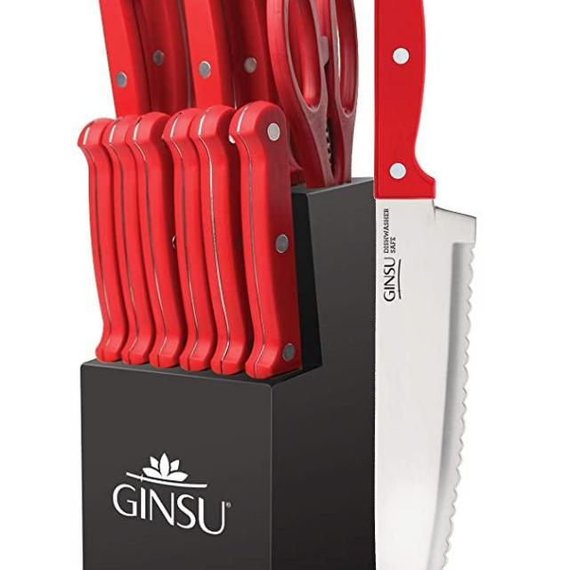 GINSU Kiso Dishwasher Safe Red 14 Piece Set Black Block, 9" W x 15" H x 5" D