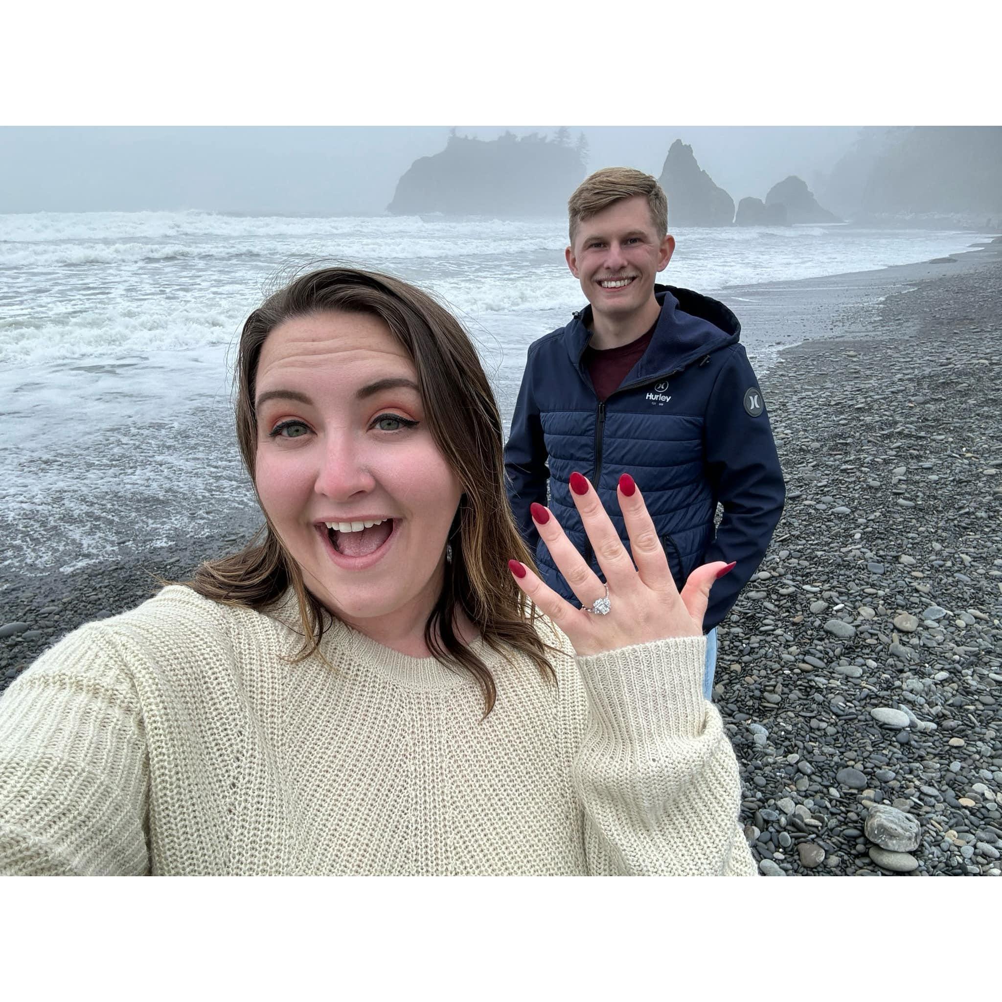 Still glowing from the moment a few hours after Wyatt proposed, we made our way to the stunning Ruby Beach to soak it all in.