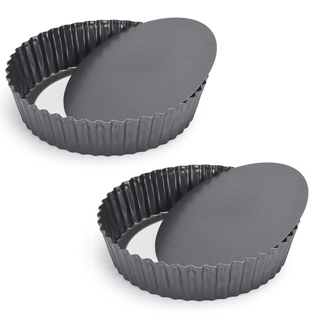 Kazozobi 2 Pack Nonstick Tart Pan, Quiche Pan, Carbon Steel Deep-dish Pie Pan with Removable Loose Bottom (10 In)