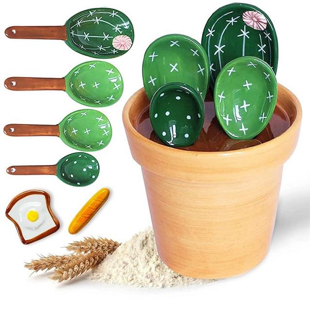 Cactus Measuring Spoons Set in Pot with Stand,Ceramic Cacti Measuring Spoons Set with Measuring Cup for Baking,Salt,Sugar (Pure Green)