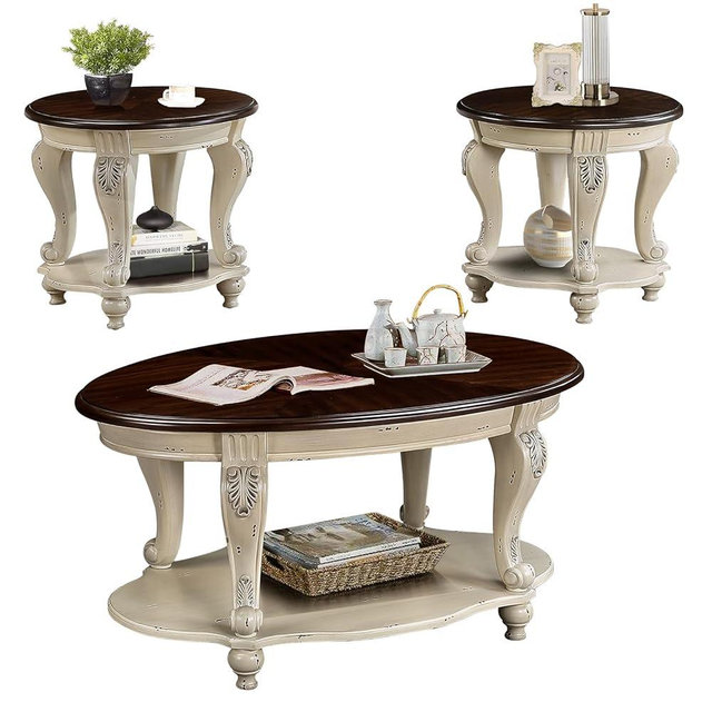 LKTART Coffee Tables Set for Living Room, Vintage Elegant Coffee Table Set with Carved Wood Legs, Farmhouse Coffee Table Set(Beige and Espresso Top)