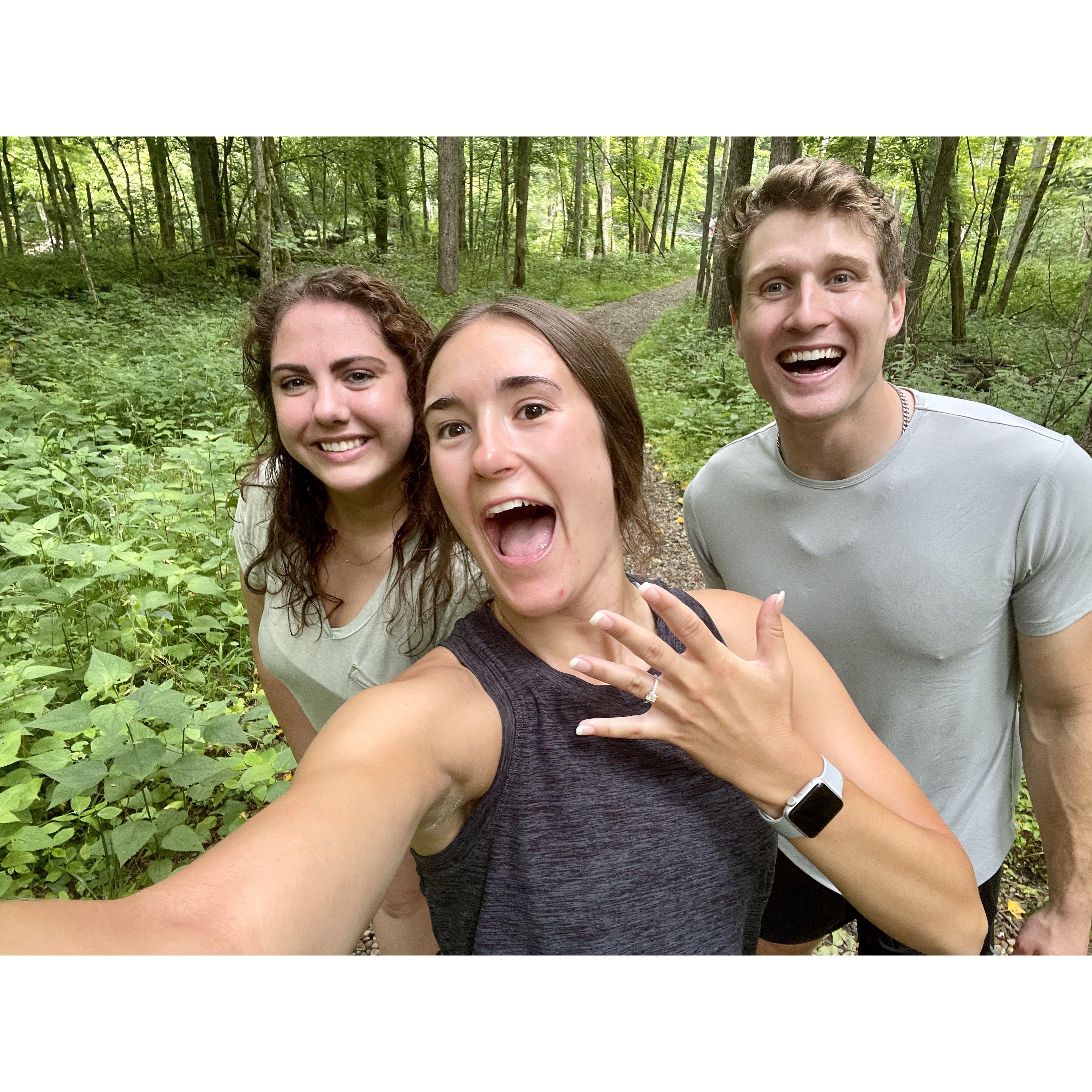 Post-proposal with Maid of Honor Olivia Vinsack at Mohican State Park. July, 2023.