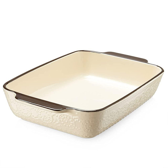 LIFVER 9x13 Baking Dish, Brown Embossed Rectangular Lasagna Pan with Handle, Non-Stick Carbon Steel Rimmed Cookie Sheet Pan for Oven, 3.4qt Ceramic Casserole Dish for Cooking