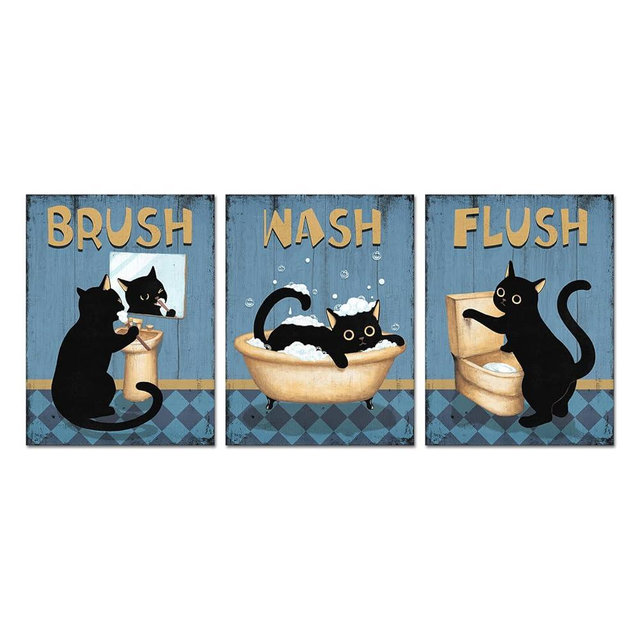 YeiLnm 3 Pieces Cat Bathroom Wall Art Washroom Sign Painting Canvas Prints Cute Cat Bath Canvas Pictures Artwork for Farmhouse Toilet Bathroom Decor