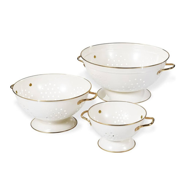 Metal Colander Set of 3, Strainer Basket with Handles perfect for Spaghetti, Pasta, Berry, Vegetable, Fruit, Solid Base Powder Coated Kitchen Essential Strainer Set, 1 & 3.5 & 5 Qt (Cream)