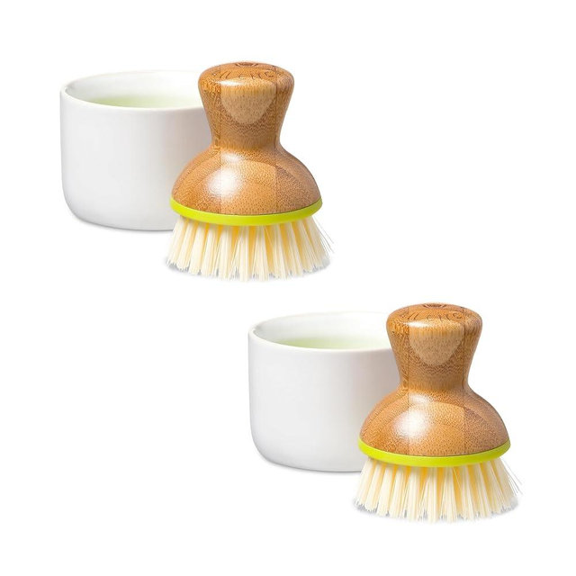 Full Circle Bubble Up- Eco-Friendly Bamboo Dish Brush & Ceramic Soap Dispenser - Natural Scrub Set for Dishes, Cast Iron - Kitchen Cleaning with Handle, White - 2 Pack