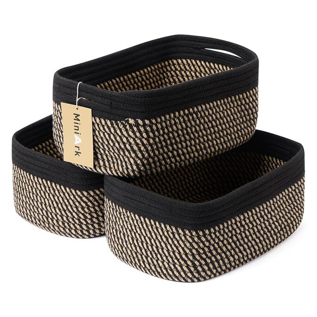 MiniArk Shelf Storage Baskets for Organizing | Closet Organizer Bins | Small Toy Basket | Woven Rope Baskets | Cube Decorative Box | Shallow Basket | 13×8.5×5.1” | 3 Packs Black Brown