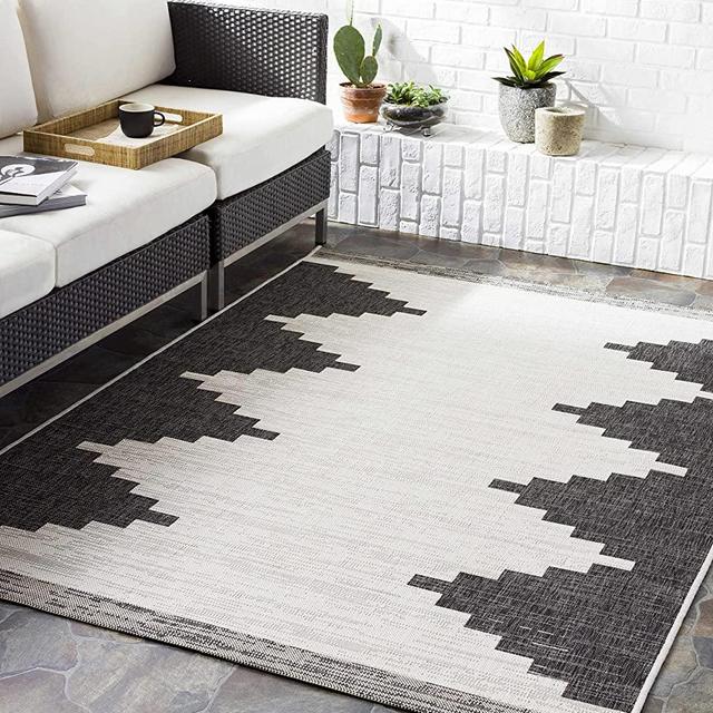 Djugun Indoor Outdoor Area Rug - Outside Porch Patio Rug Carpet - Waterproof Rug - Southwestern Tribal Look - 5'3" x 7'7" - Black, Off White, Gray