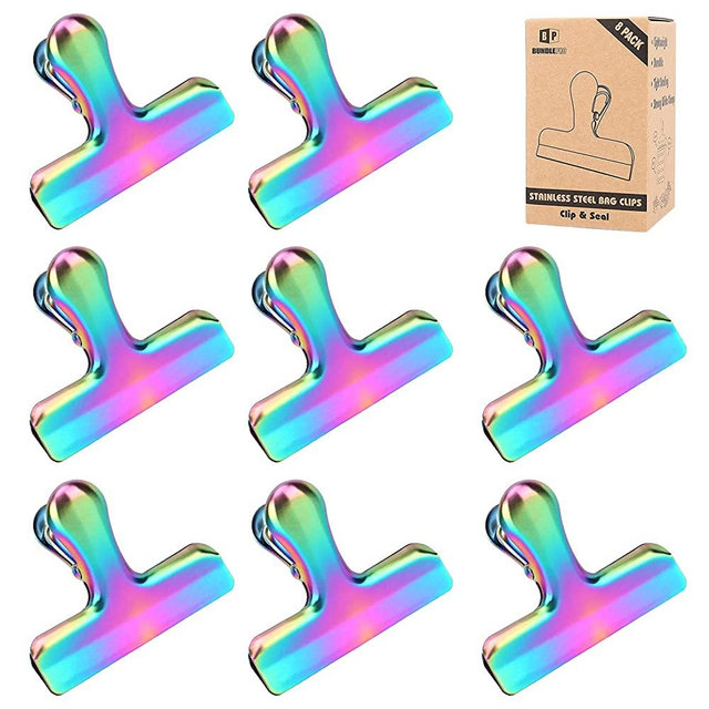 BUNDLEPRO Pack of 8 Bag Clips, Stainless Steel and Heavy Duty Metal Bag Clip,Tightly Seals Chip, Coffee, Bread or Cereal Bags to Keep Food Fresh, for Home, Kitchen, Office, Pantry, Camping