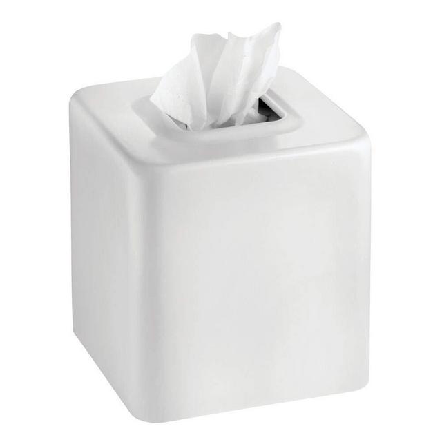 mDesign Modern Square Metal Paper Facial Tissue Box Cover Holder for Bathroom Vanity Countertops, Bedroom Dressers, Night Stands, Desks and Tables - White