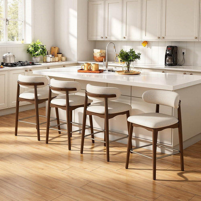 Nalupatio Solid Wood Counter Height(26") Bar Stools Set of 4, Premium Linen-Blend Upholstery with Back & Brass-Toned Metal Footrest, Mid Century Modern Bar Stools for Kitchen Island, Beige