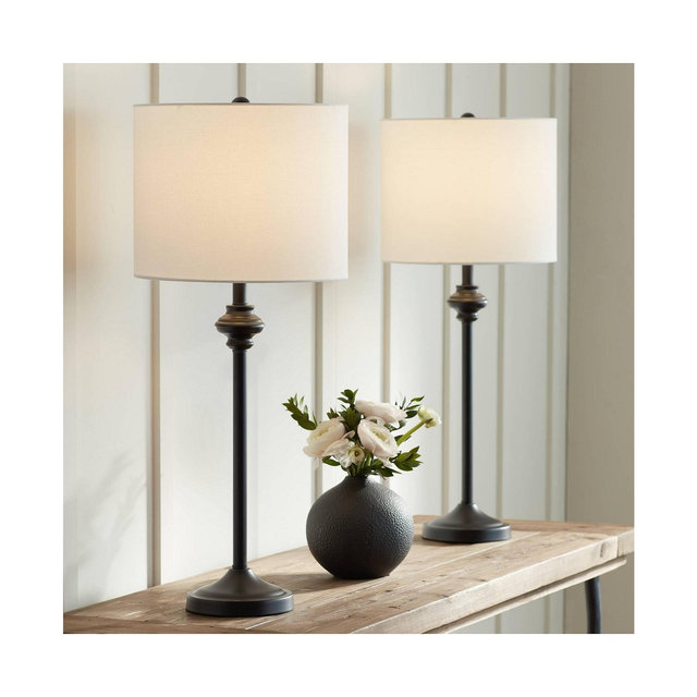 Lynn 26" Tall Skinny Buffet Modern Table Lamps Set of 2 Black Metal Fabric White Shade Living Room Bedroom Bedside Nightstand House Office Home Reading Kitchen Entryway Console Family - 360 Lighting
