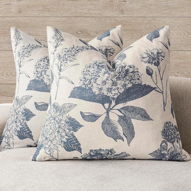 Foindtower Set of 2 Linen Floral Vintage Throw Pillow Covers Neutral Accent Print Decorative Cushion Covers Farmhouse Boho Home Decor for Sofa Chair Couch Bedroom Living Room Outdoor,18×18 Inch,Blue