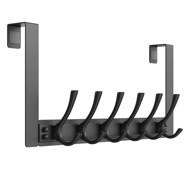 Over The Door Hooks with 6 Hook, Heavy Duty Over Door Hanger for Hanging Clothes Coat Hat Jacket, Towel Rack for Bathroom Closet Laundry Bedroom Kitchen Living Room(1 Pack, Black)