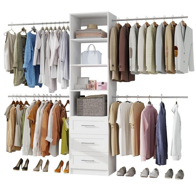 secilix Closet System, 5FT-8FT Closet Organizer System with 4 Expandable Hanging Rods and Moveable Shelves, 99" Walk in Closet System with 3 Wooden Drawers, Custom Built in Closet, Wall Mount