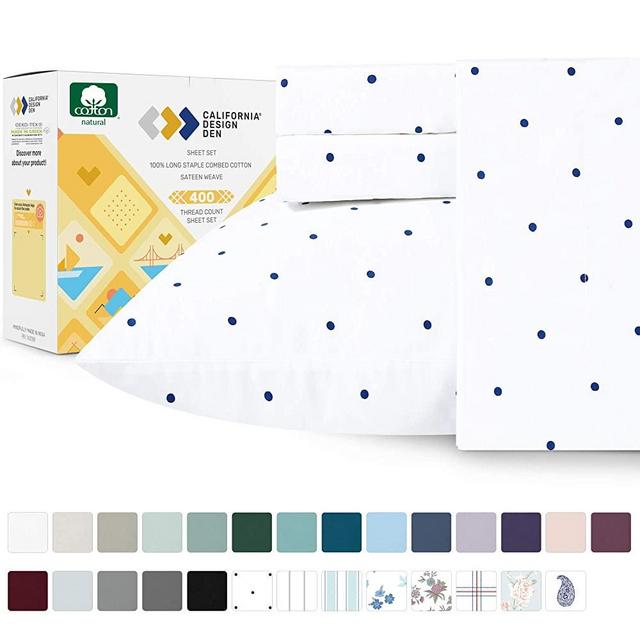 400-Thread-Count 100% Pure Cotton Sheets - 4-Piece Navy Blue Polka Dot Cal King Sheet Set Long-Staple Combed Cotton Bed Sheets Hotel Quality Fits Mattress 16'' Deep Pocket Soft Sateen Weave