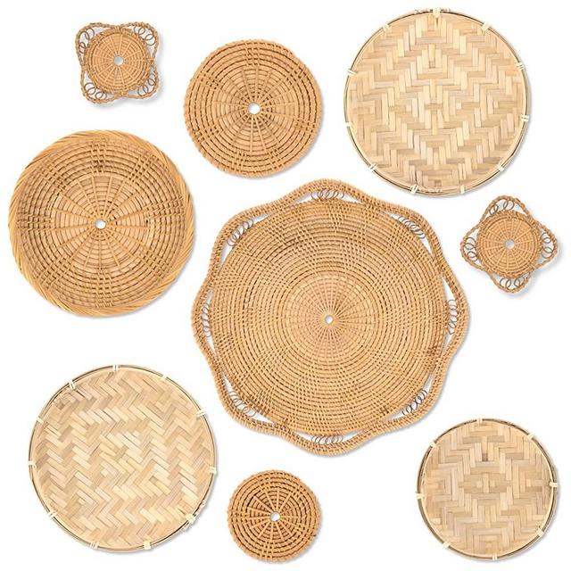 b.spoke Hanging Wall Basket Decor – Set of 9 Handmade Decorative Boho Woven Wall Baskets - Round Natural Bamboo, Wicker, Rattan Wall Decor for Your Home