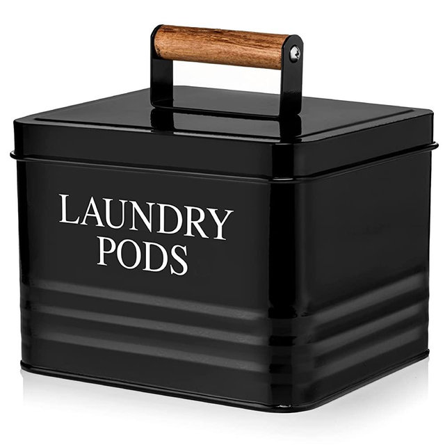 Calindiana Modern Farmhouse Metal Laundry Pods Holder Container with Lid for Laundry Room Decor and Accessories and Space Saving Laundry Room Organization and Storage, Holds 81 Laundry Pods, Black