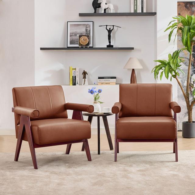 TYBOATLE Brown Faux Leather Chair Set of 2, Mid-Century Modern Accent Chair with 7" Thick Seat Cushion For Office, Study Room