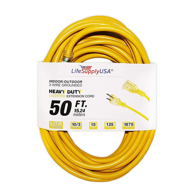 50 ft Extension Cord 10/3 SJTW with Lighted end - Yellow - Indoor / Outdoor Heavy Duty Extra Durability 15 AMP 125 Volts 1875 Watts by LifeSupplyUSA