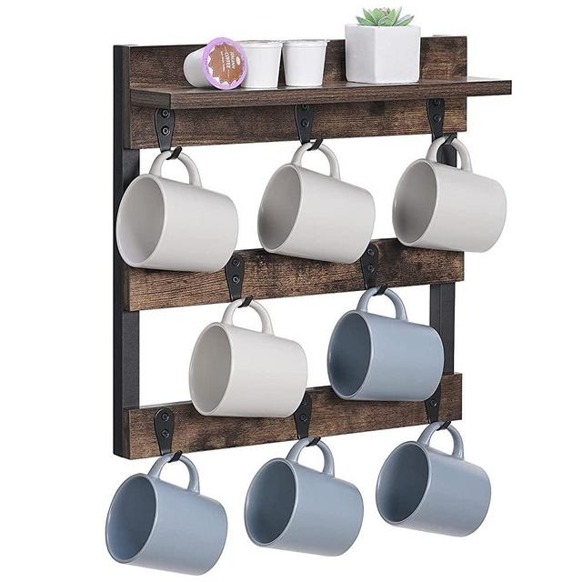 Coffee Mug Rack Wall Mounted Rustic Wood Coffee Cup Holder Organizer with 8 Hooks and Storage Shelf Wall Mug Rack for Display, Collection, Home Kitchen (Retro Brown)