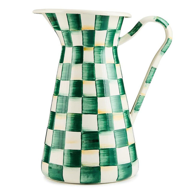 MACKENZIE-CHILDS Practical Enamel Pitcher with Spout, Drink Pitcher for Iced Tea or Water, Flower Vase, Large, Green-and-White Emerald Check