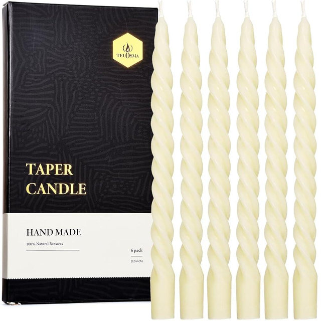 Natural Beeswax Spiral Taper Candles Pack of 6, Organic Dripless Long Candle Sticks for Dinner Wedding Party Christmas Home Decorations - 10 Inch Tall - Off White