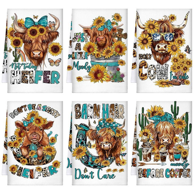 TecUnite 6 Pcs Highland Cow Kitchen Towels Set Funny Highland Cattle Tea Towels Absorbent Sunflower Dish Towels Western Farm Cattle Hand Towel for Cleaning Drying Women Mom Housewarming Gifts Decor
