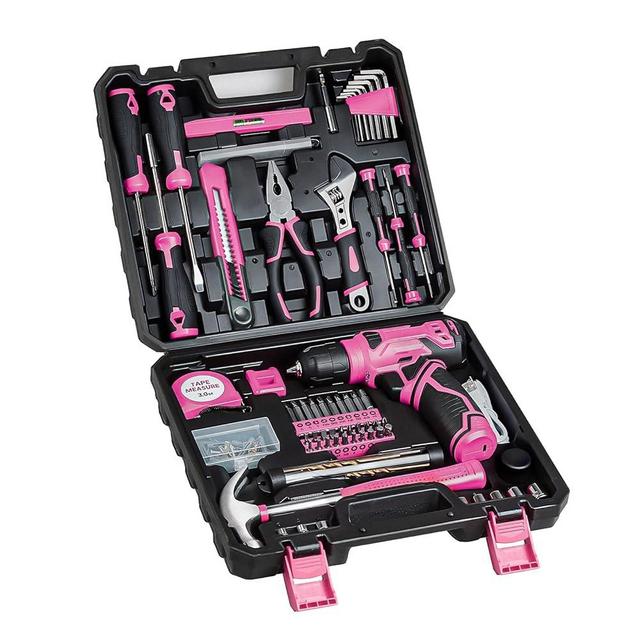 Tool Set - 8V Cordless Drill Kit, 132 Piece Box With Hand Drill, Home Kits for Men & Women, Perfect for Homeowner, Diyer, Handyman - Pink