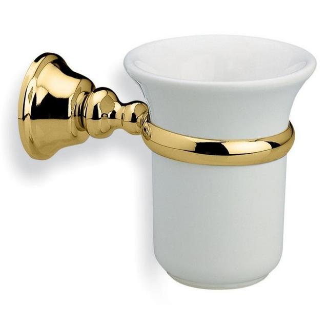 Wall Mounted White Ceramic Toothbrush Holder with Gold Finish Brass Mounting