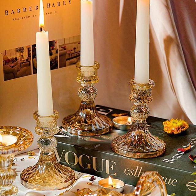 Crystal Glass Candlestick Holder Taper and Pillar Candle Holder Desktop Decoration for Wedding Dinning Party-3 pcs